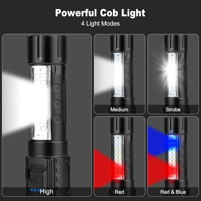 2-Piece Rechargeable LED Flashlight Set for Camping & Hiking - Portable Tactical Camping Equipment, 6 Modes, Zoom Function, COB Side Light, Batteries Included for Survival Emergencies, Led Light, Tactical Accessories, Survival Camping