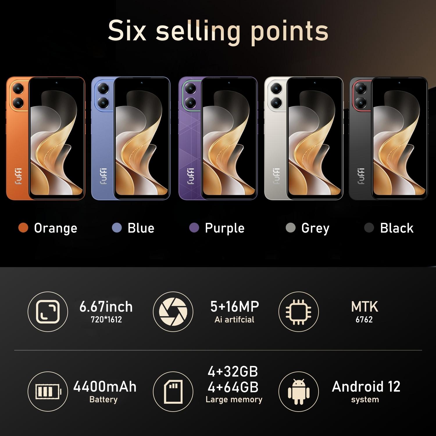 FUFFi LED Light-Up Smartphone - 6.67-Inch Display Phone, 4GB RAM + 64GB/32GB ROM - 5MP+16MP Camera, 4400mAh Battery - Android 12.0 OS, Dual SIM, Type-C Charging, Android Cell Phone