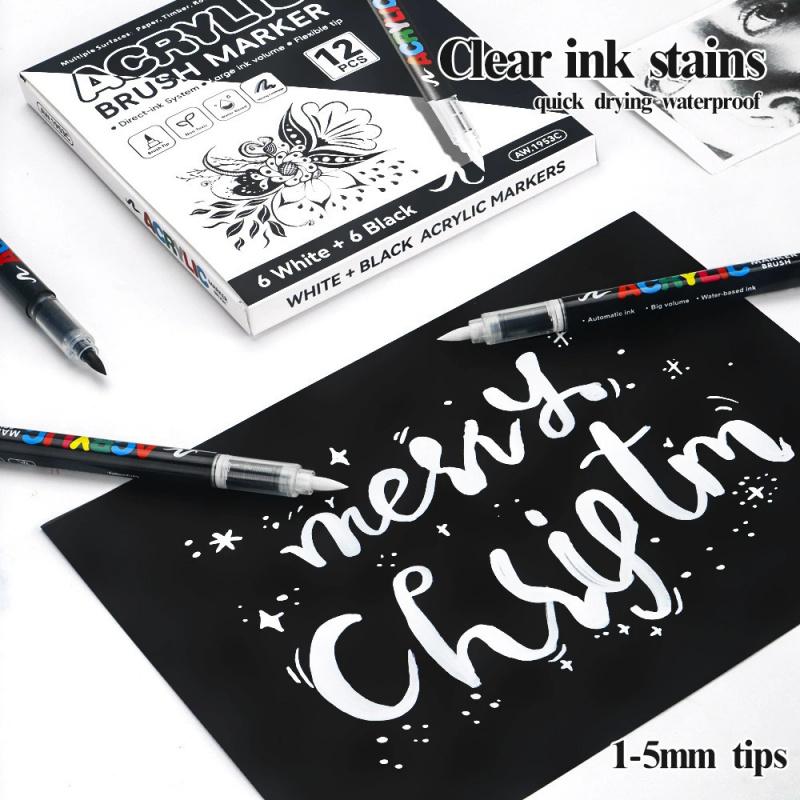 Acrylic Paint Markers, 12Pack Soft Brush Tip Acrylic Paint Pens, Professional Color System,Quick-Drying Waterproof Ink, for Rock Painting Plastic Wood Canvas Glass Ceramic Metal Art Drawing Supplies Art Crafts Supplies Christmas Gift