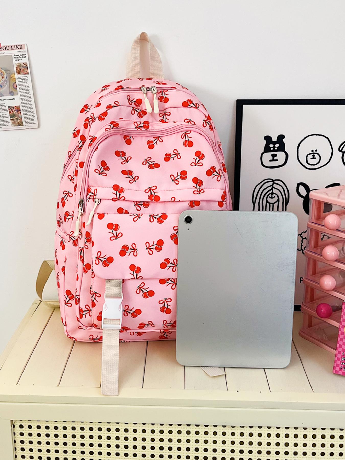 4pc  women's backpack solid color backpack cherry print fashionable and versatile casual trend suitable for students to go to school, campus, travel, shopping, multi-purpose women's backpack Stylish Casual Daypack