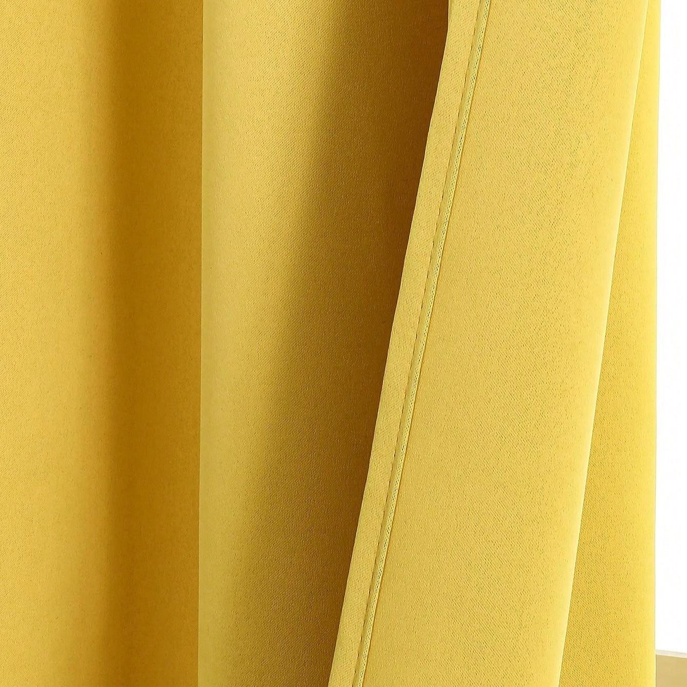 1pc Solid Color Blackout Curtain Panel, Thermal Insulated Room Darkening Curtain For Living Room, Bedroom, Yellow Color