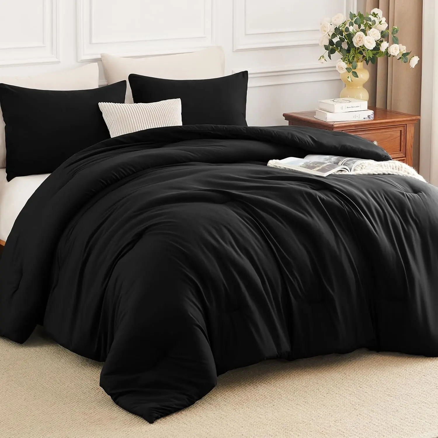 Minimalist Modern Solid Black King Size Comforter Set - 3-Piece (104"x90" Comforter, 2 Pillowcases), 270GSM Down Alternative Fill, Oeko-TEX Certified, 8-Corner Ties Quilting, All-Season Bedding for Bedroom Decor