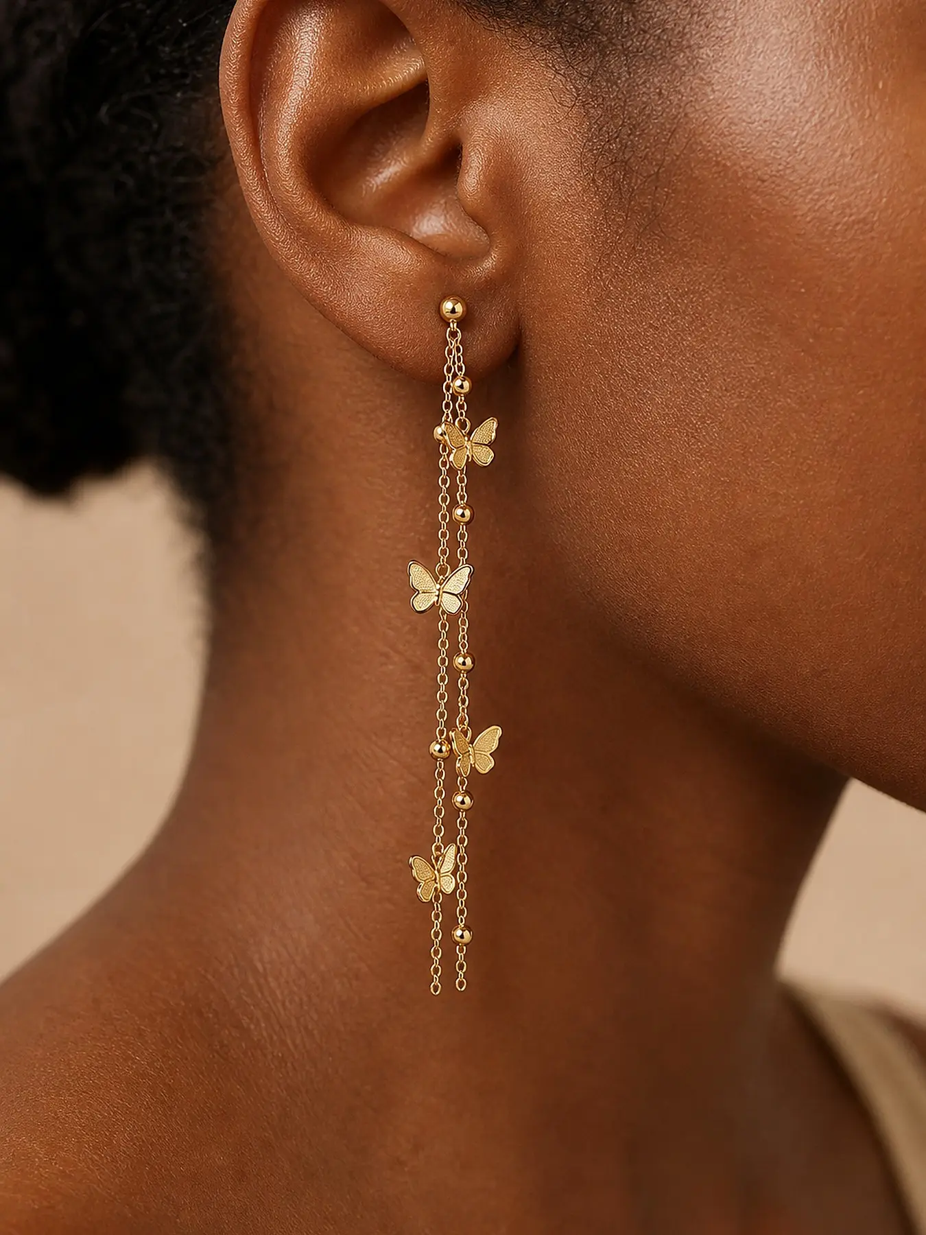 Butterfly Fringe Earrings, Unique Dual Chain Round Bead Long Earrings, Fashionable Jewelry for Women, Elegant Accessories