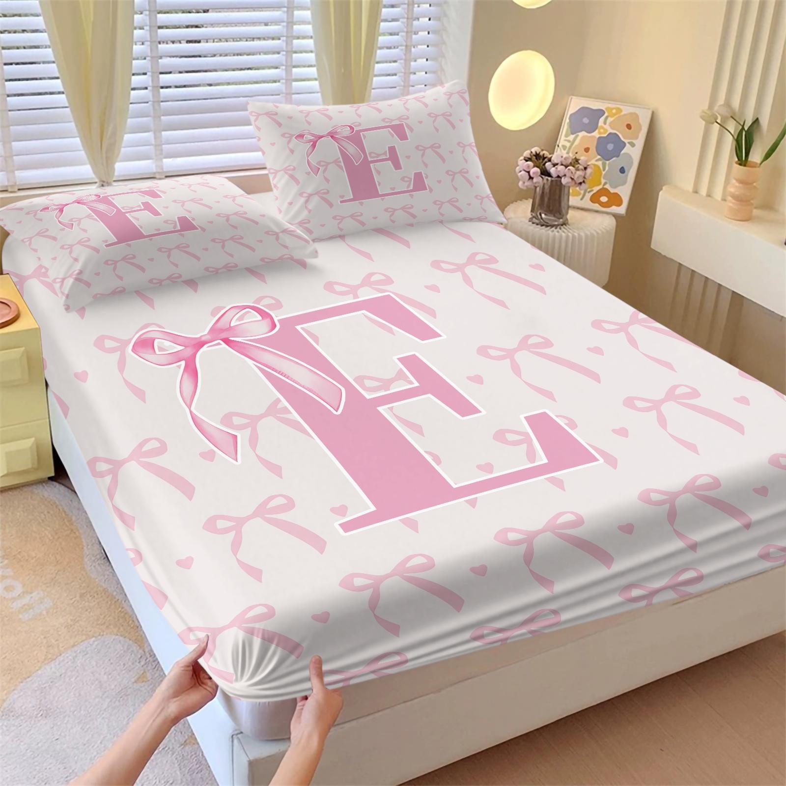 3Pcs Pink Bow Fitted Sheet Set, Custom Initial Sweet Print, Breathable Non-slip Fit, Ideal for Bedroom Dorm Home Decor