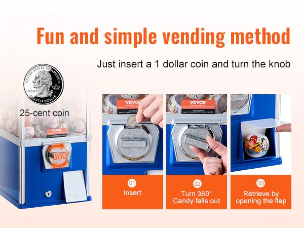 VEVOR Gumball Machine for Kids, 25 Height Home Vending Machine, PS Bouncy Balls Dispenser, Hold 230 Capsule Toys, Rectangle Bubble Gum Machine for Game Stores, Coin Operated Gumball Bank, Blue