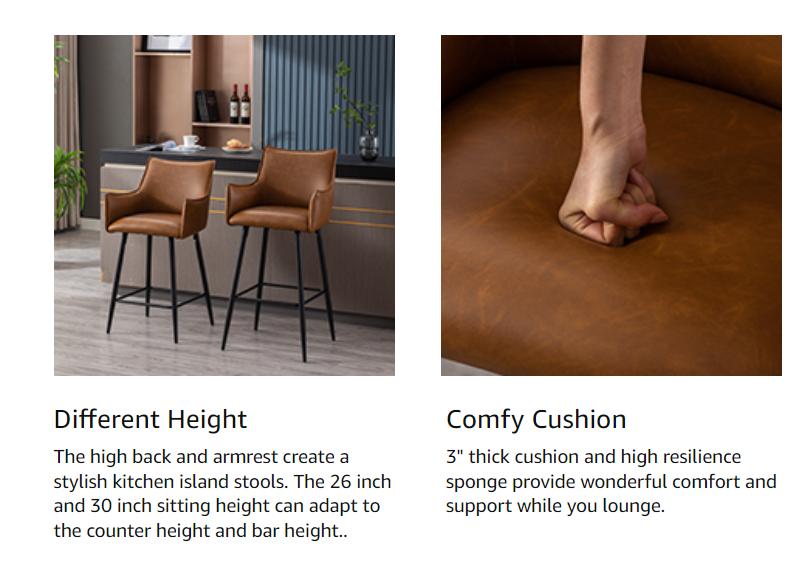 CHAIRUS 26" Modern Counter Height Bar Stools with Arms Set of 2, PU Leather Upholstered Kitchen Stools with Back Comfy Counter Height Island Chairs for Living Room Kitchen Pub Small Corner, Brown