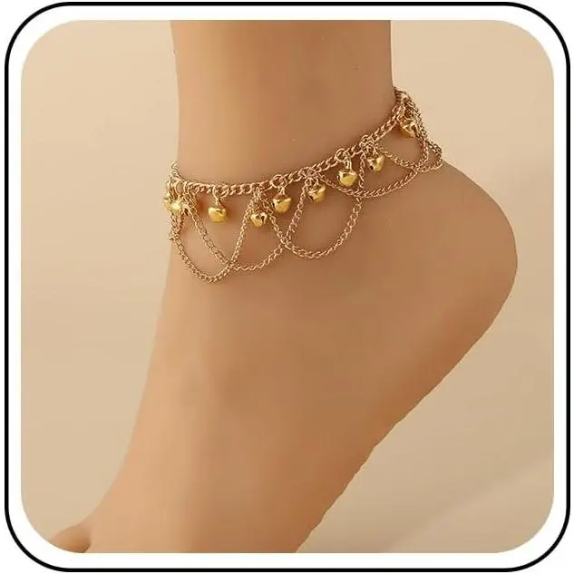 Boho Layered Anklet Bracelet Gold Bell Dangle Ankle Bracelets Tassel Chain Anklet Indian Gypsy Anklets Foot Chain Jewelry for Women