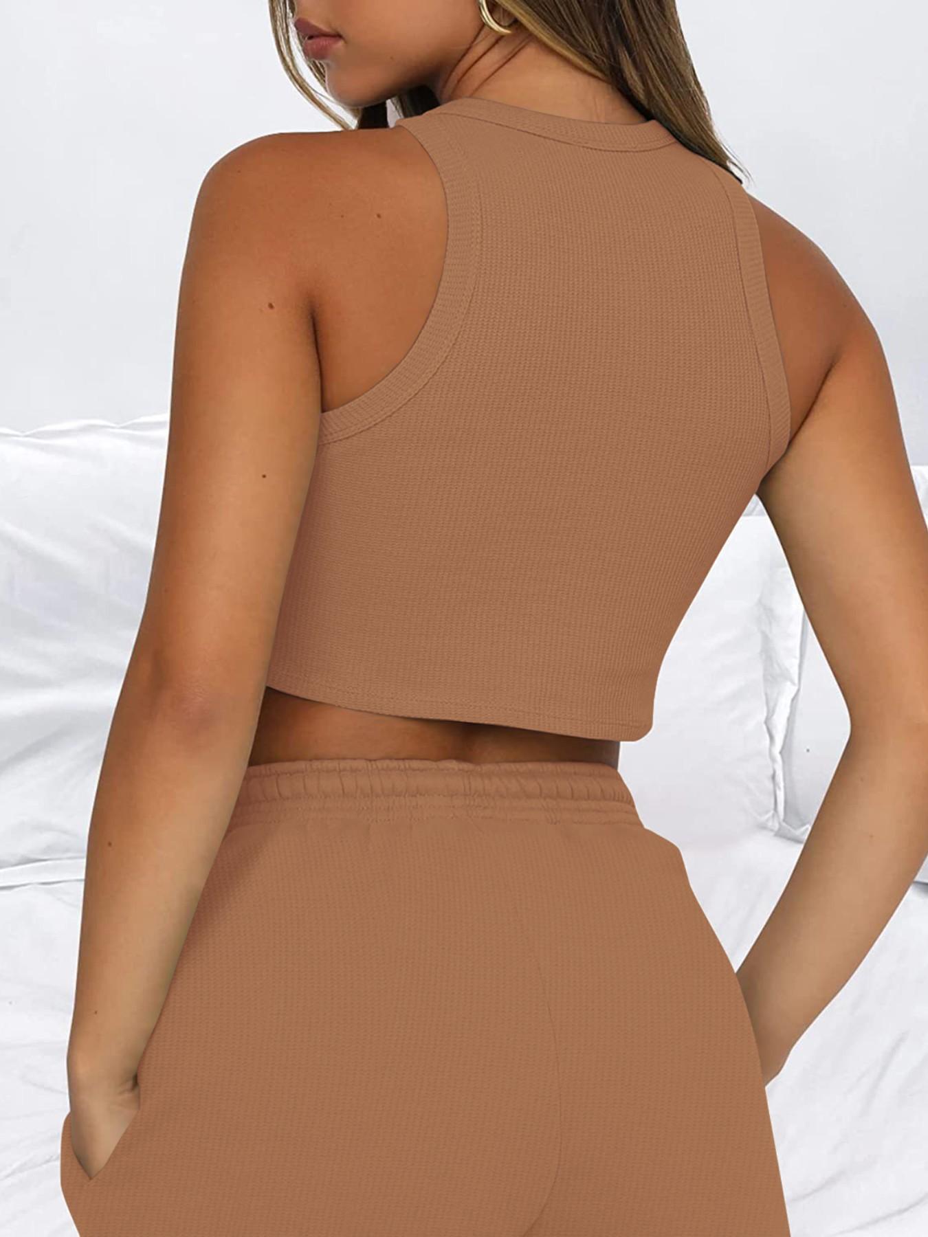 Women's Waffle Knit Crop Tank and Shorts Set, Sporty Fitted Summer for Women, Stylish and Comfortable Two-Piece Athletic Set, Athleisure Wear