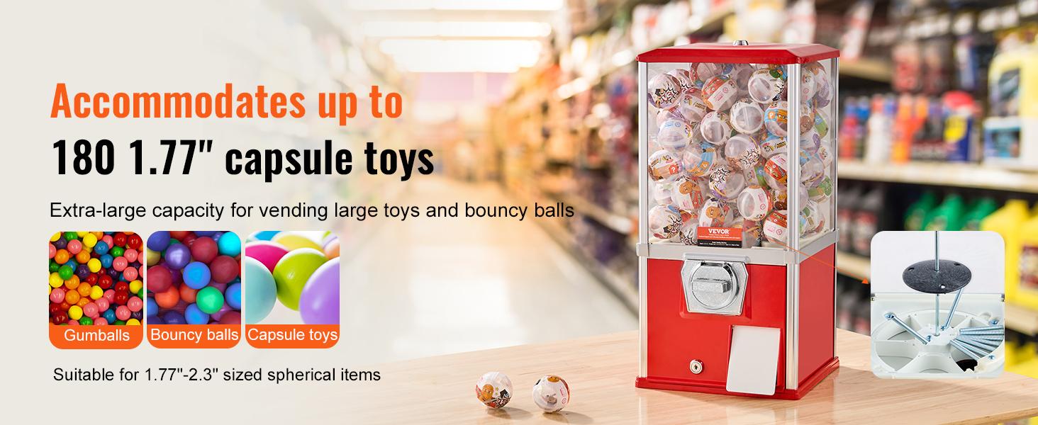 VEVOR Gumball Machine for Kids, 21 Height Home Vending Machine, PS Bouncy Balls Dispenser, Hold 180 Capsule Toys, Rectangle Bubble Gum Machine for Game Stores, Coin Operated Gumball Bank, Red