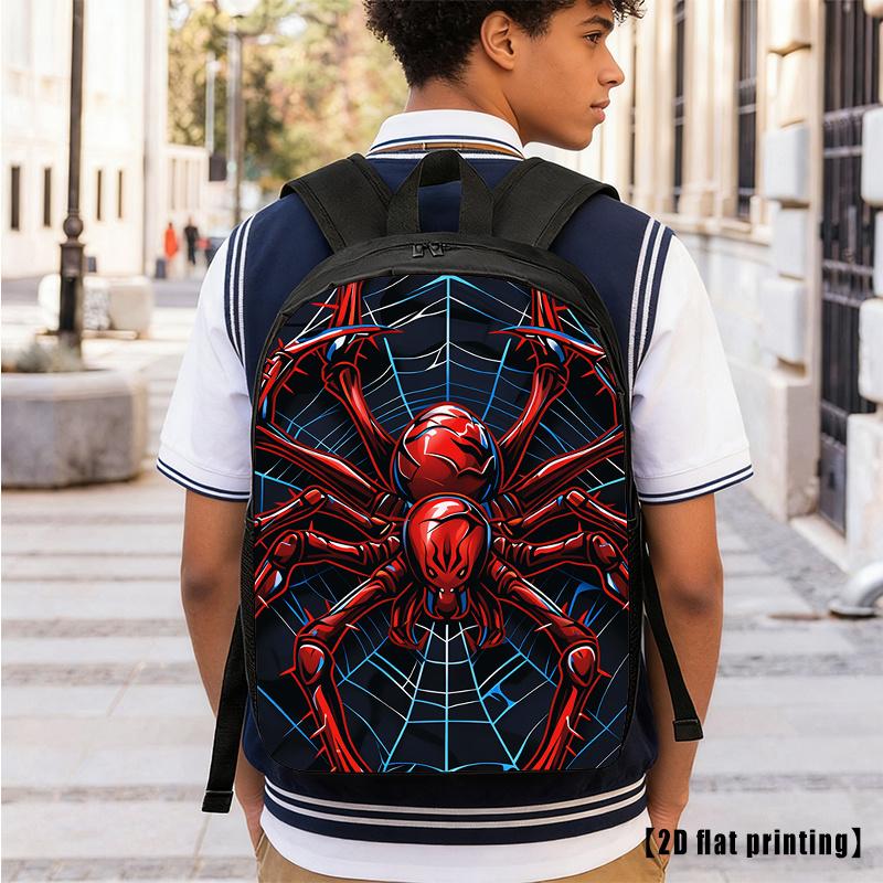 Durable Water Resistant Single Kids Backpack, Lightweight 600D Oxford School Daypack with Vivid Red Glossy Spider & Blue Cobweb Graffiti Full Print, Breathable Padded Strap Large Capacity Superhero Casual Bookbag for Boys & Young Fans