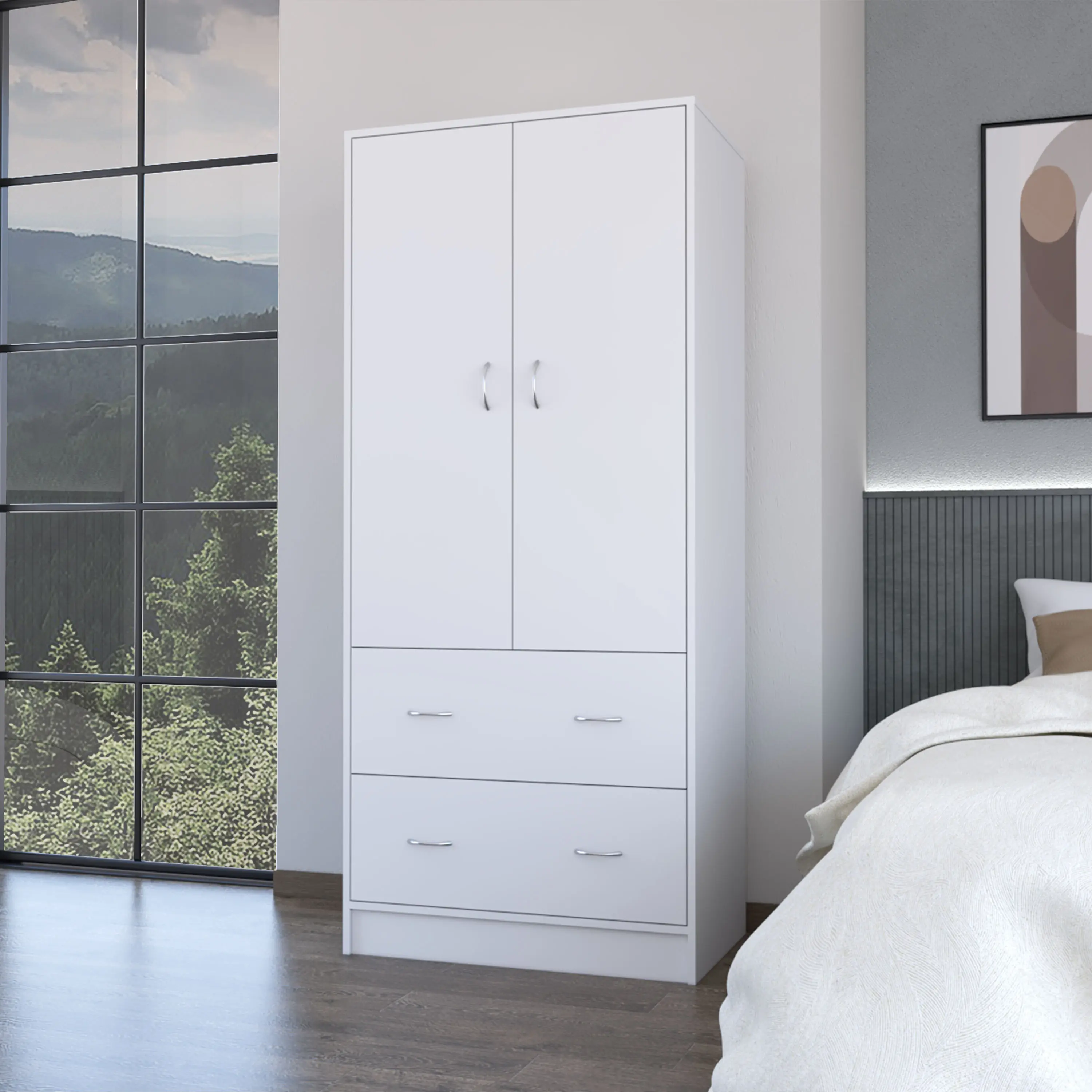 Nokaa White Wardrobe Closet with 2 Drawers and 2 Doors, Hanging Rod, Engineered Wood Storage Cabinet for Bedroom, Modern Armoire, Easy Assembly, 30.9W x 19D x 70.9H in, White Color, Particle Board