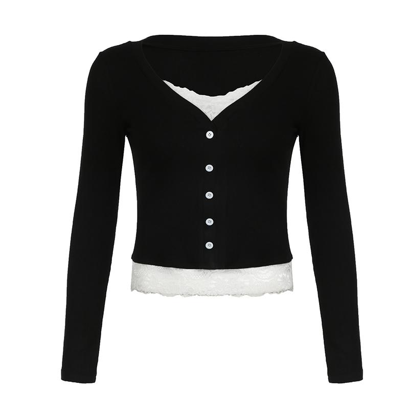 Women's Colorblock Contrast Lace T-shirt, Casual Button Front Long Sleeve Top, Women's Basic Clothing for Daily Wear Casual Everyday Top Womenswear
