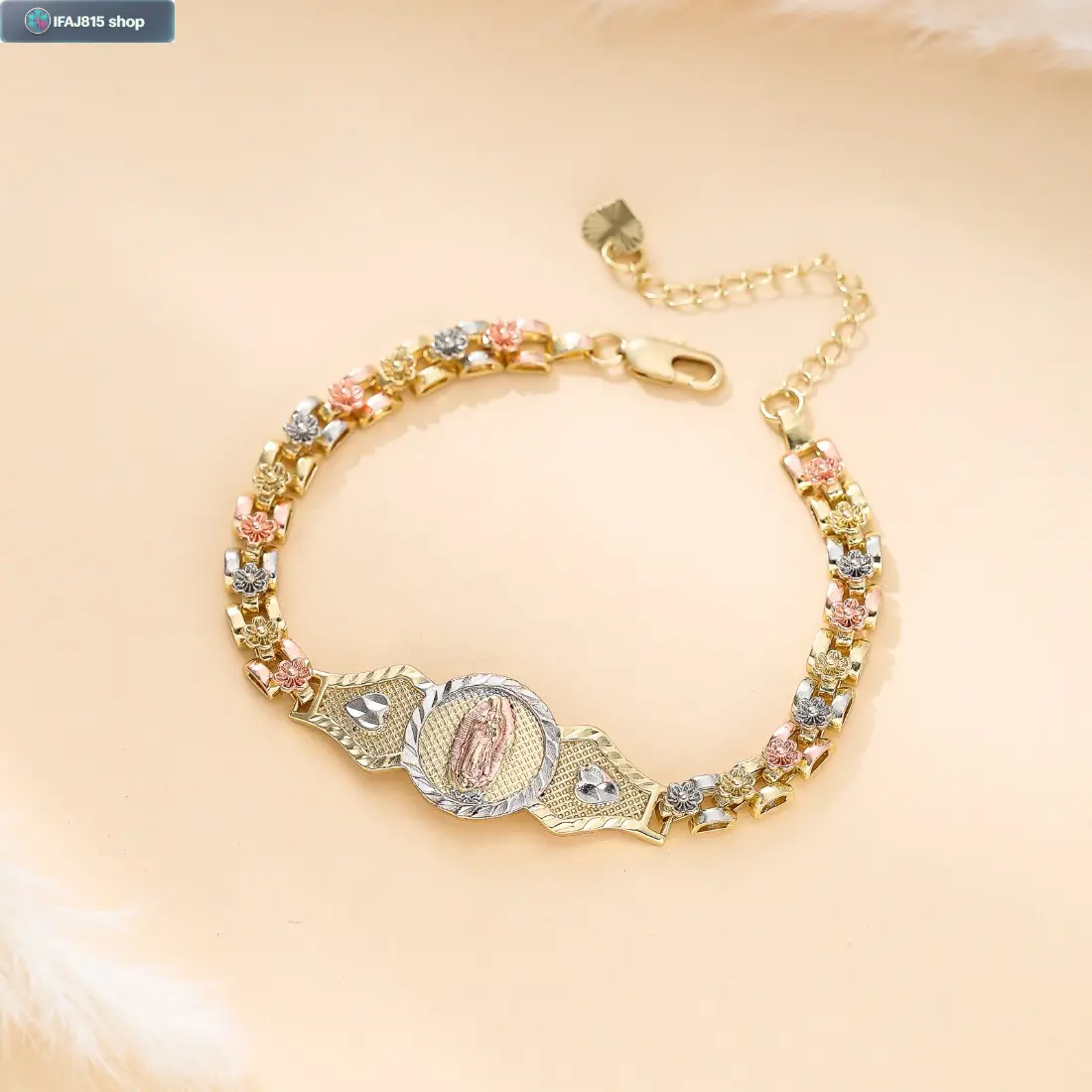 14K Gold Plated Virgin Mary Bracelet for Women, Three Tone Gold Religious Jewelry, Catholic Faith Bracelet with Delicate Texture & Unique Design, Elegant Everyday Layered Bracelet Gift for Birthday, Christmas, Church, Daily Wear