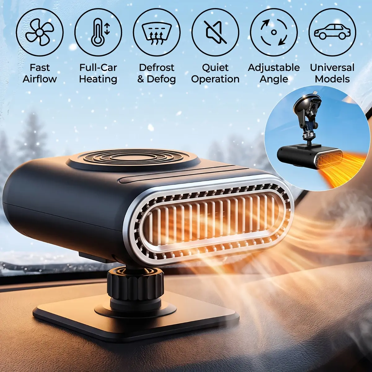 12V Car Heater, 360° Rotatable 12V Heater, 180W Portable Windshield Defogger And Defroster Fast Heating & Cooling Fans with Car Plug Plug, Versatile 12 Volt Heater for Car, Truck, And UTV Use(Black)