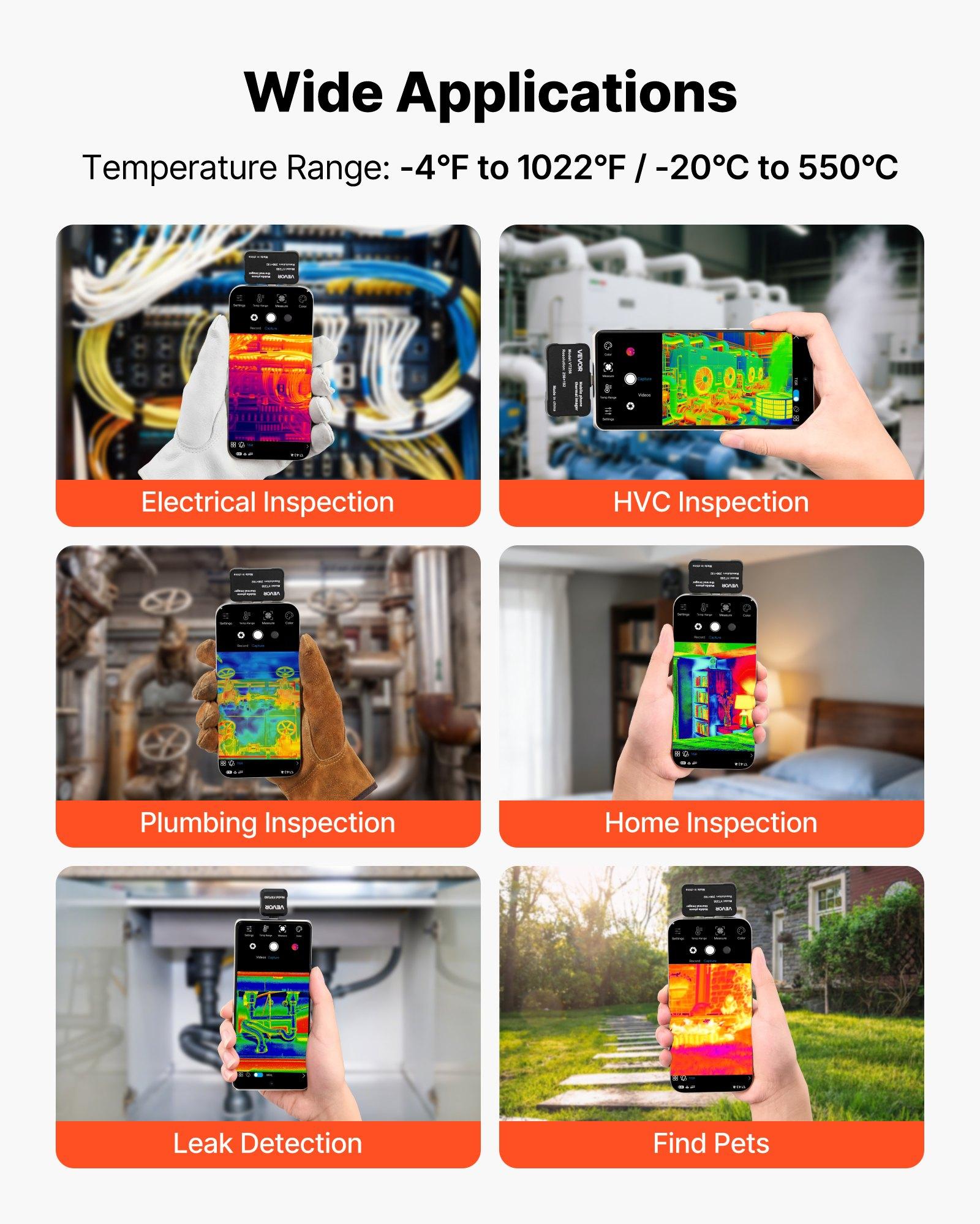VEVOR Thermal Imaging Camera for Android & iOS Smartphones/Tablets, 512x384 Super Resolution, 25 Hz Refresh Rate, -4°F to 1022°F Range, 6 Color Palettes, Accurate Measurement for Automotive Diagnostics, 256 X 192, 25Hz Refresh Rate, -20°C To 550°C, ≤40 Mk