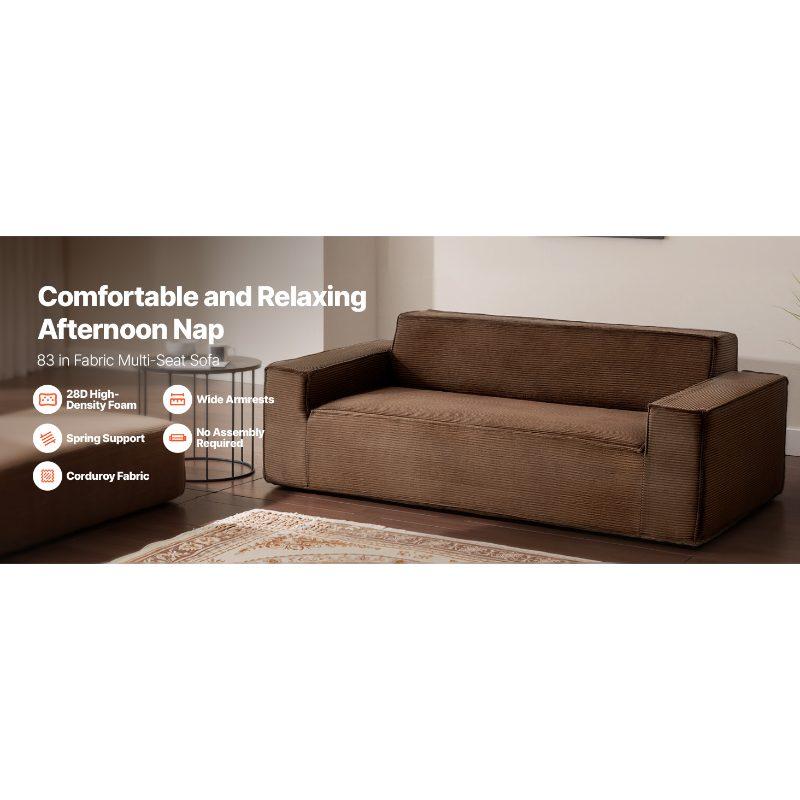 VEVOR 3-Seater Sofa in a Box, 83-Inch No Assembly Corduroy Couch with Memory Foam, Deep Seats for Living Room, Apartment, or Office, Brown