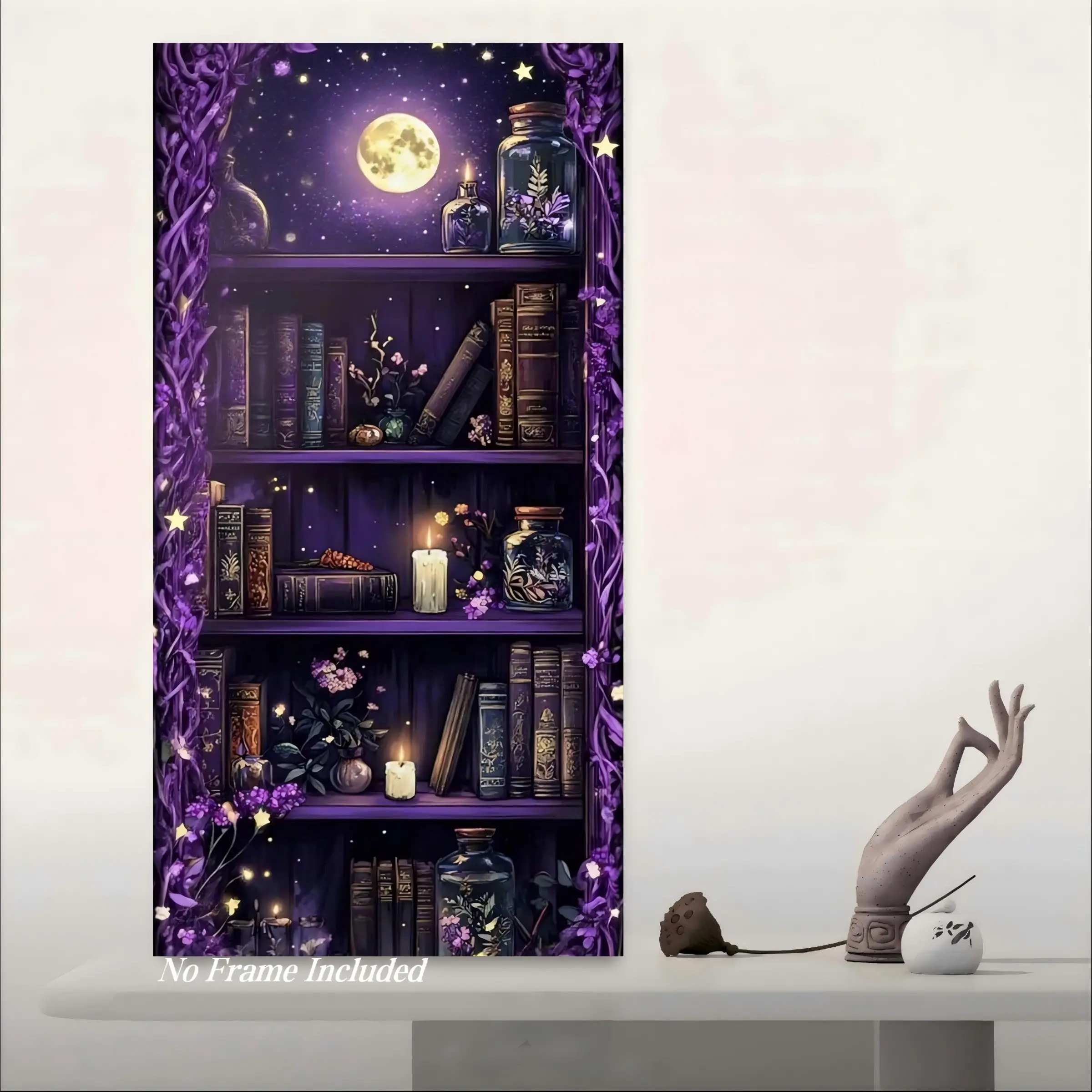Witchy Moonlit Bookshelf Diamond Painting, Frameless Full Drill, Mystic Wand Design, Ideal for Bedrooms & Studies, Crafts