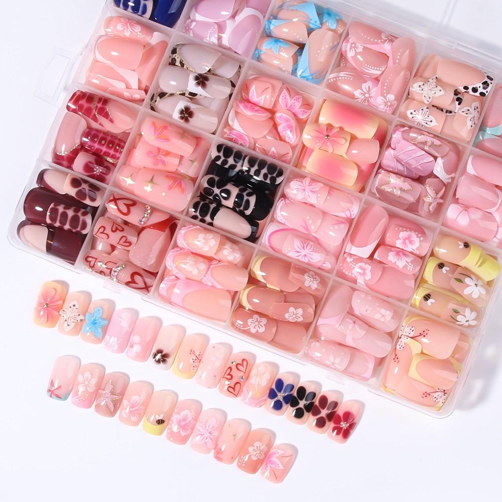 576pcs Short Square French Press-On Decorative Nails, 3D Gel Flower Peony Nail Art with Polka-Dot and Leopard Patterns, Acrylic False Nail Set
