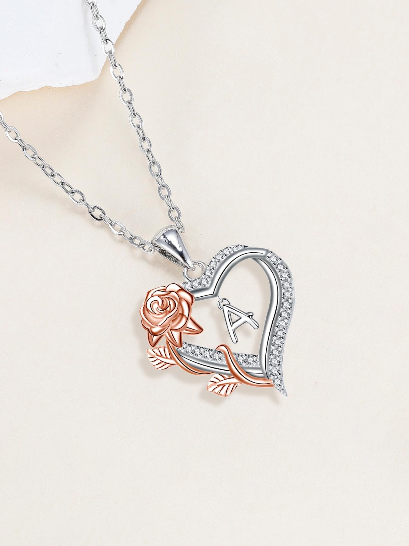 Moss Bear Rose Jewelry Gift Box With Rose Initial Love Heart Necklace for Women, Letter Alphabet Heart Necklace, Heart Design Necklace, Anniversary Birthday Jewelry Gifts for Wife Mom Girlfriend