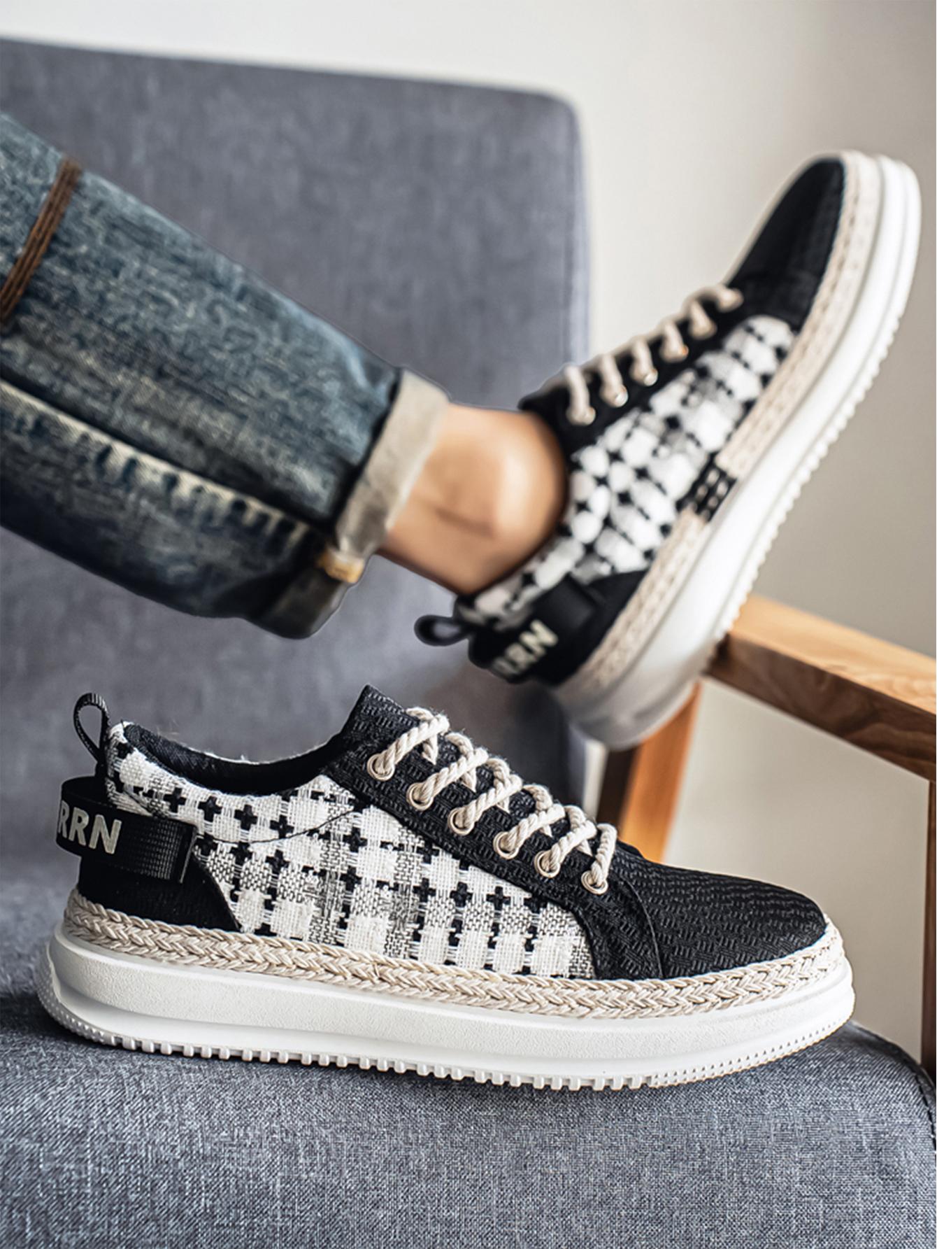 Summer New Men's Retro Plaid Laces, Braided Rope Shoelace Design, Easy-On-Off Hemp Laces, Commuter & Casual Shoes, Versatile Footwear