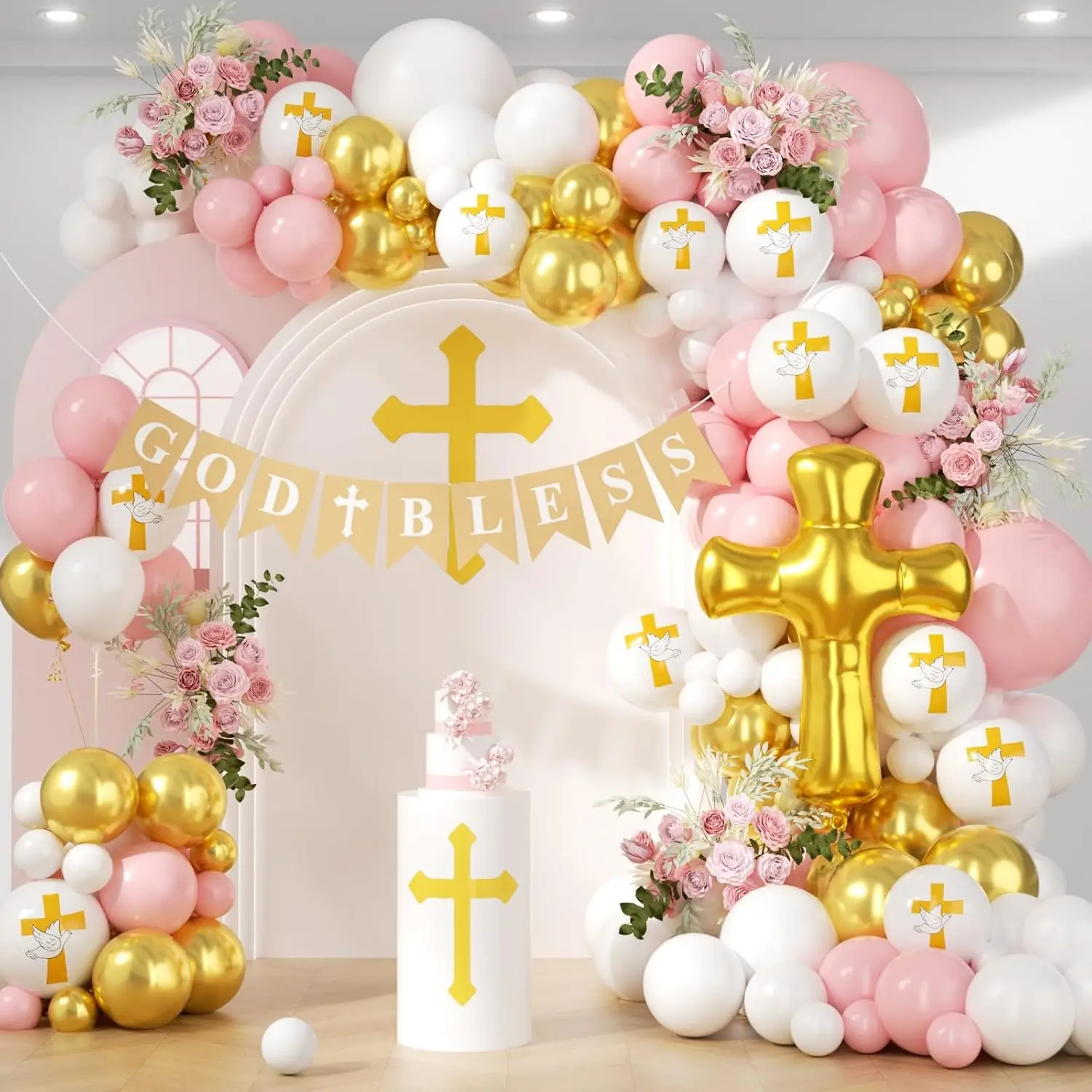 First Communion Pink Balloons Arch Kit 160Pcs, Baptism for Girl God Bless Balloon Garland Arch Mi Bautizo Cross Balloon for First Holy Communion Girl Baptism Shower Birthday Supplies