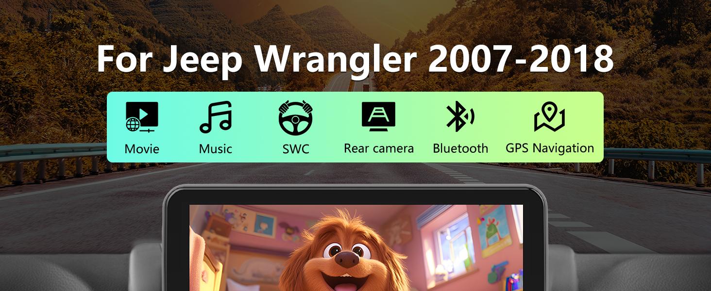 10.1" Android 13 Car Stereo for Jeep Wrangler 2007-2018 touch screen has Android Auto Wireless Carplay, Bluetooth WIFI supports GPS Navigation