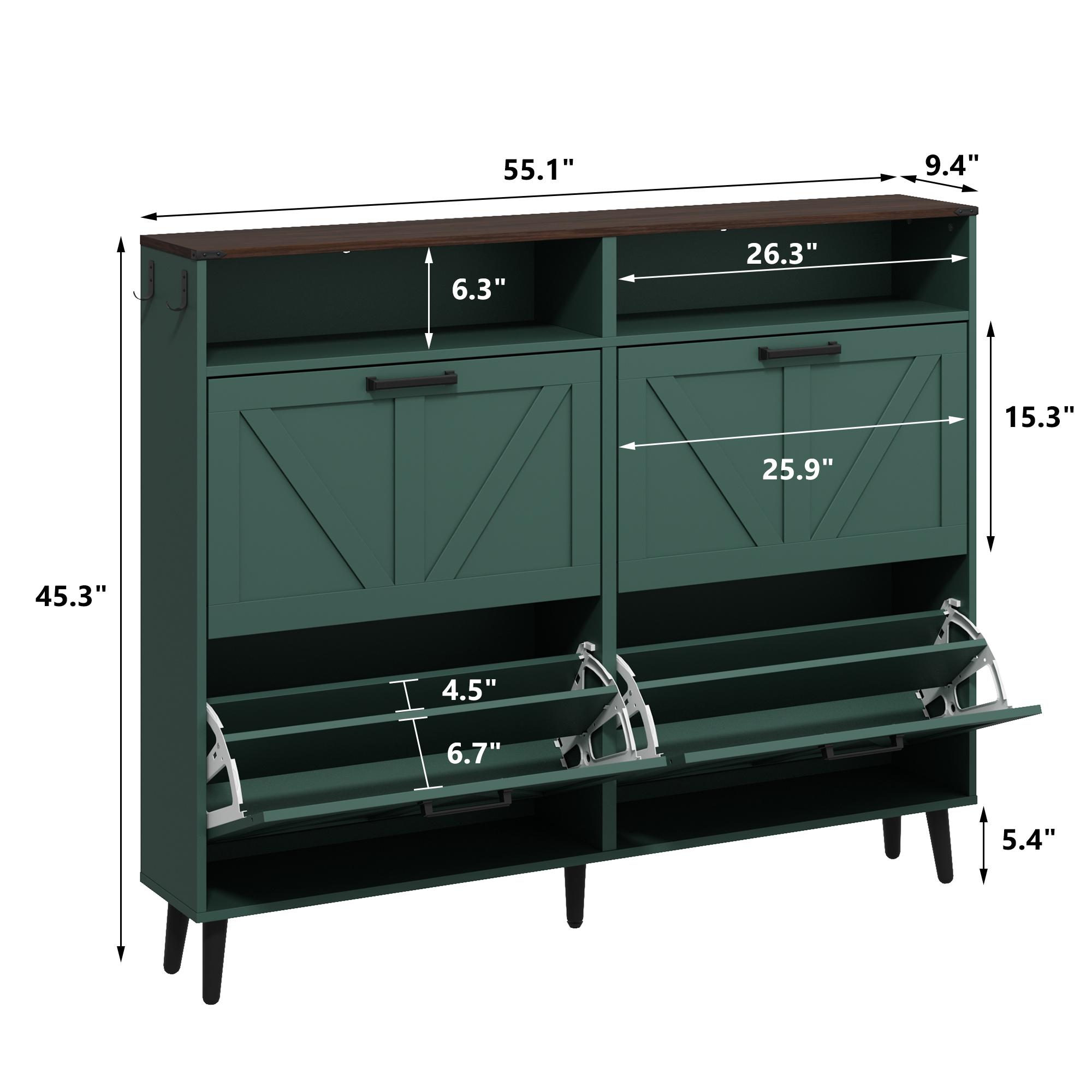 PieDle Furniture Shoe Storage Cabinet,Farmhouse Shoe Organizer with 2-4 Flip Drawers & Barn Door Design,Freestanding Hidden Slim Narrow Shoe Rack Cabinet with Open Storage for Entryway, Foyer,Hallway