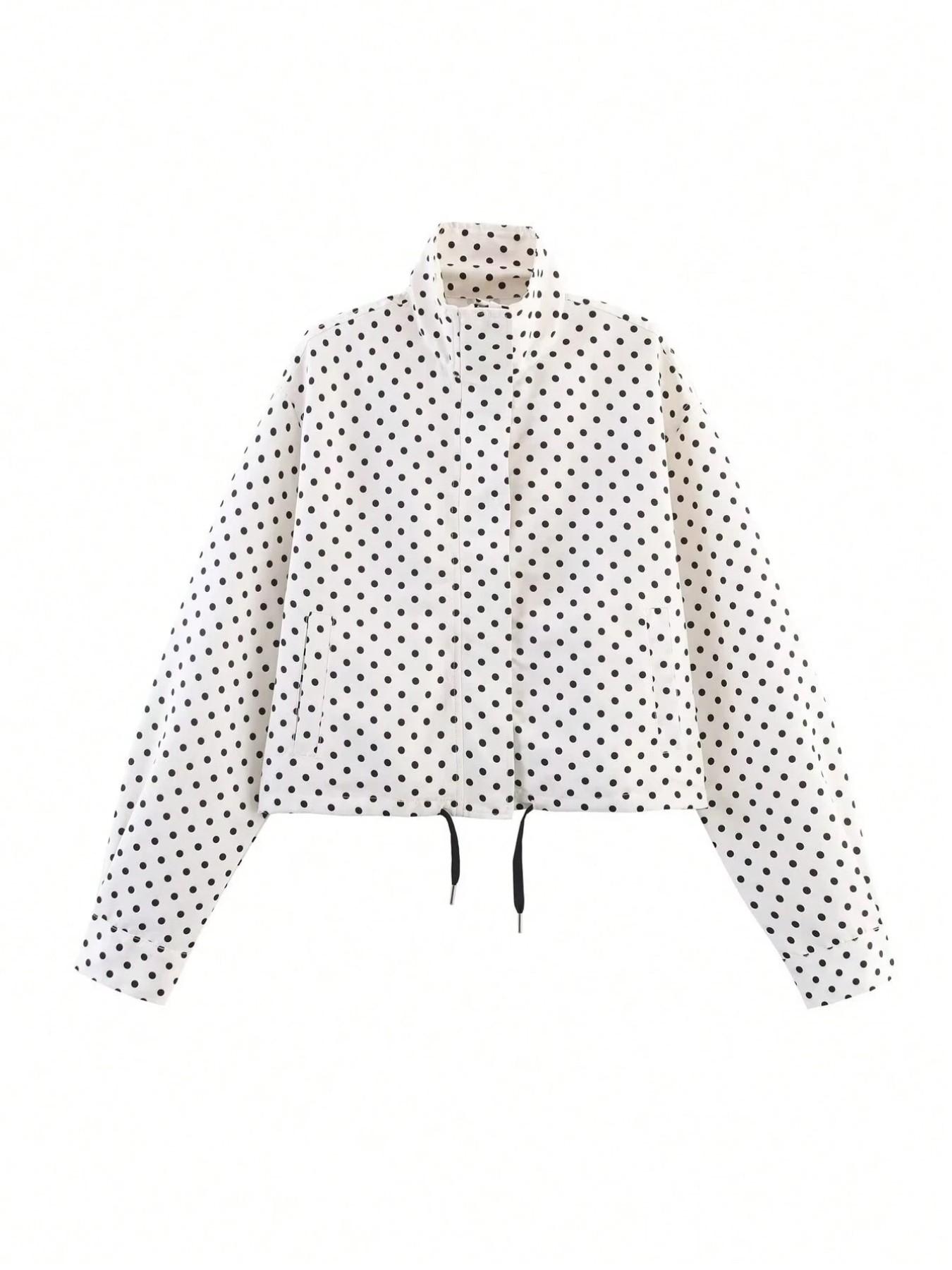 Women's New Aesthetic Polka Dot Pattern Adjustable Drawstring Jacket, Retro Zipper Long Sleeve Stand Collar Outerwear for Everyday Wear, Casual Fashionable Jacket, Streetwear