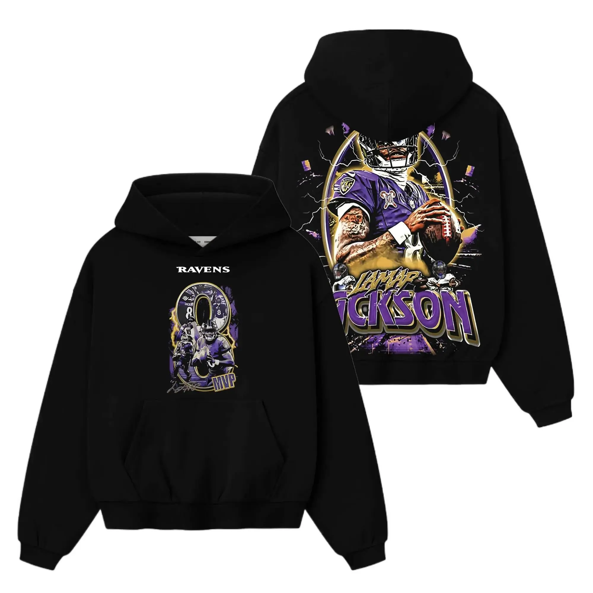 [Sale Up To 50%] Unisex Lamar Jackson 8 Flock Nation Outfit Cotton Hoodie T-Shirt (Made In US), Action Jackson Ravens Fans Outfit, Game Day Outfits, Gift For Football Fans, Football Graphic Tee