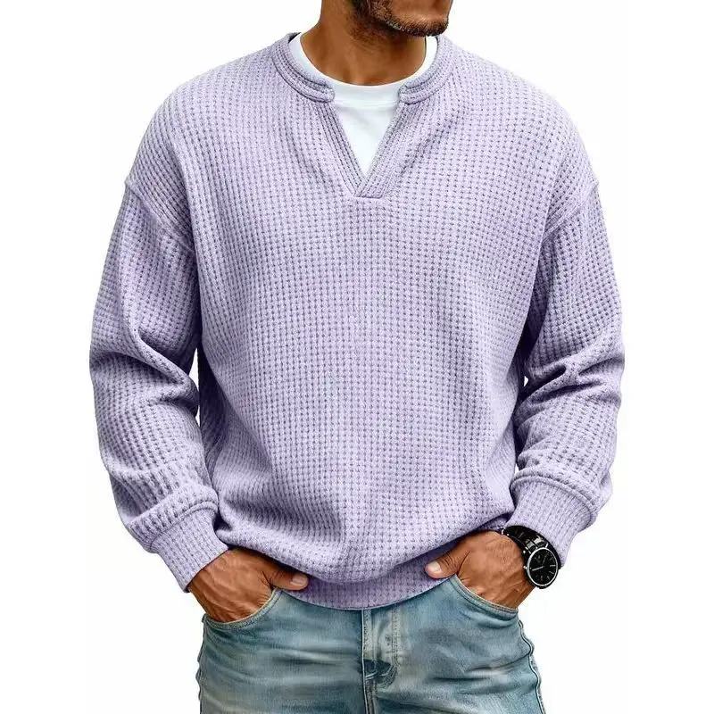 2026 New Spring/Summer Men's Minimalist Waffle-Knit Long-Sleeve T-Shirt – Versatile Solid-Color V-Neck Pullover (Western Market Style)