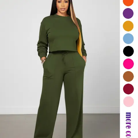 Women's Minimalist High Street Style & Wide Leg Pants Set, Casual for Commuting, Sporty Two-Piece, Elegant Long Sleeve Set