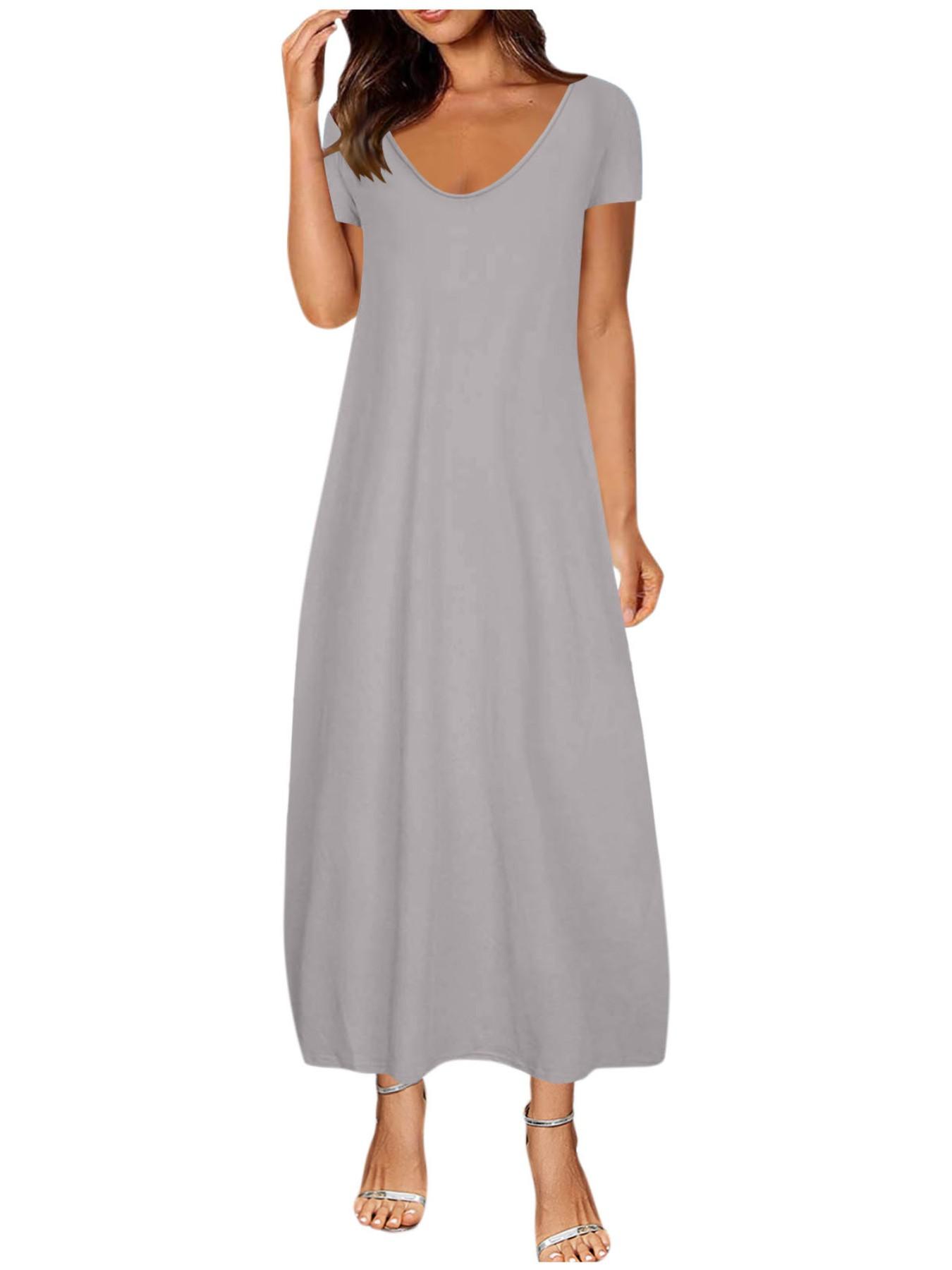 Women's Long Dress 2026, Coffee Color Everyday Casual Round Neck Short Sleeve Pockets Sleepwear, Soft Comfortable All-Season Dress