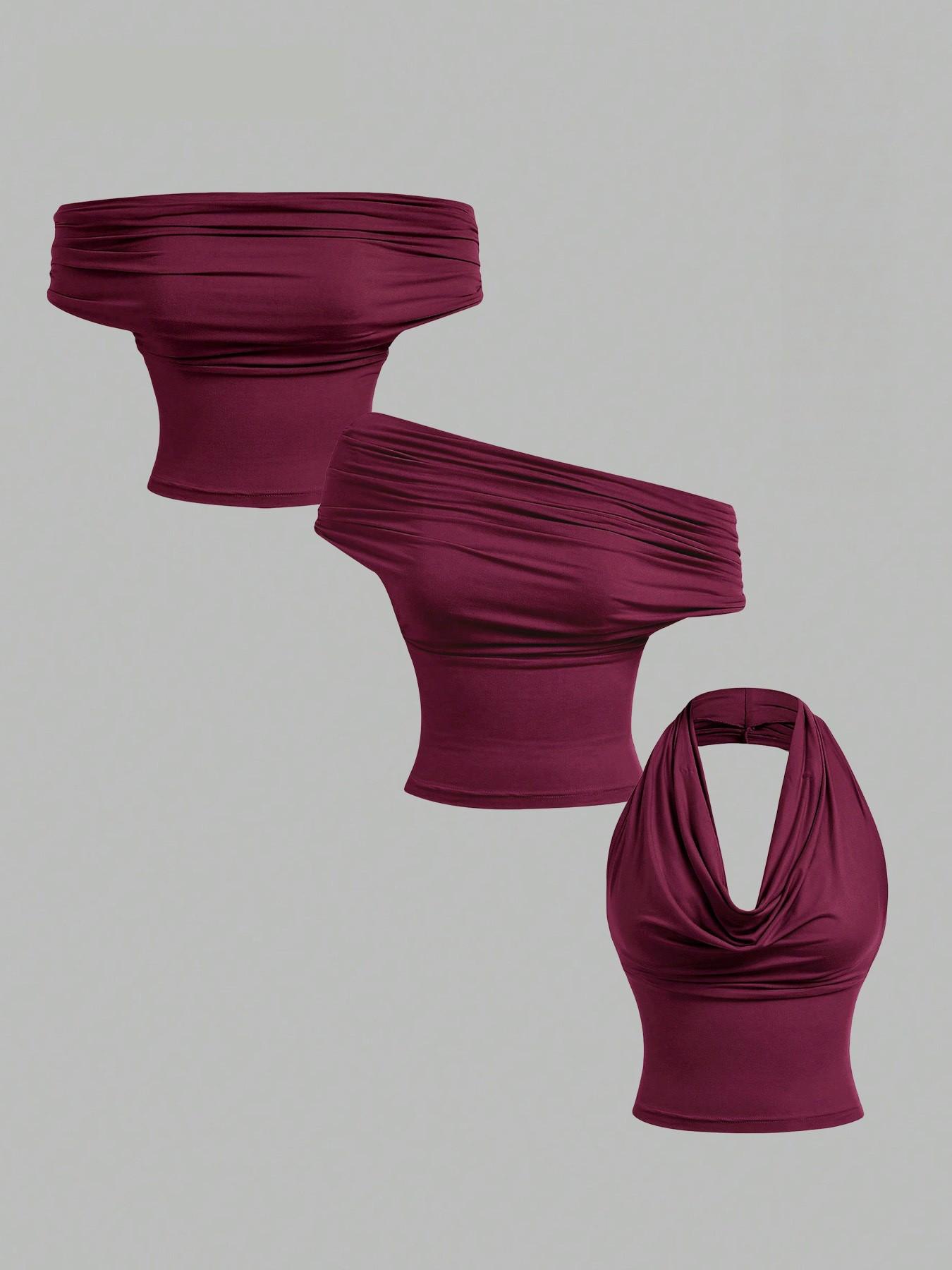 Fashionable New Sexy Blouse Women's Multi Way Wear Ruched Off The Shoulder Tops Draped Cowl Neck Halter Tops 3 Ways to Wear Womenswear