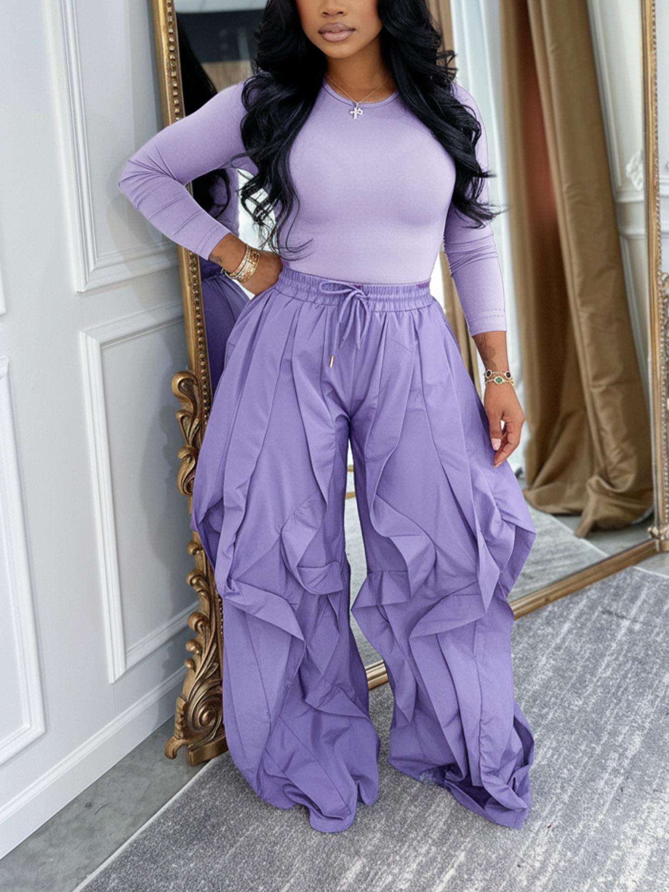 Women's Slim-Fitting Fitted Top & Wide-Leg Pants Set, Ladies' Unique Casual Chic Commuter Ensemble, Outfit, Clothes, Womenswear, Spring and Fall