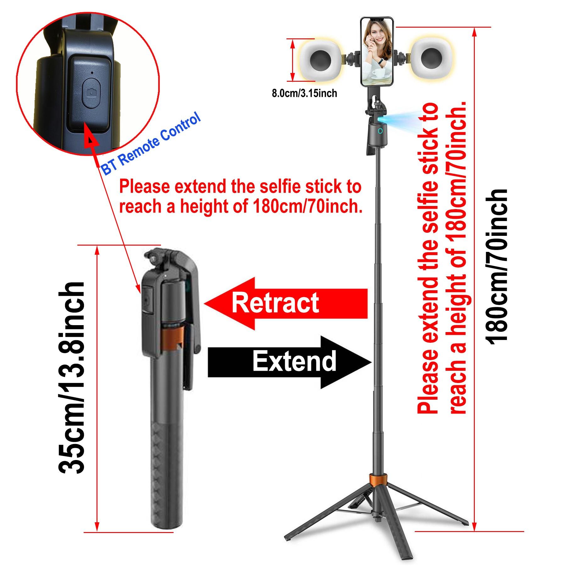 360&deg; Rotatable Adjustable Selfie Stick Tripod, Rechargeable Smart Face Tracking Tripod with 2 Fill Lights, Auto Face Tracking Phone Holder for Vlog, Live Streaming, Remote Tripod