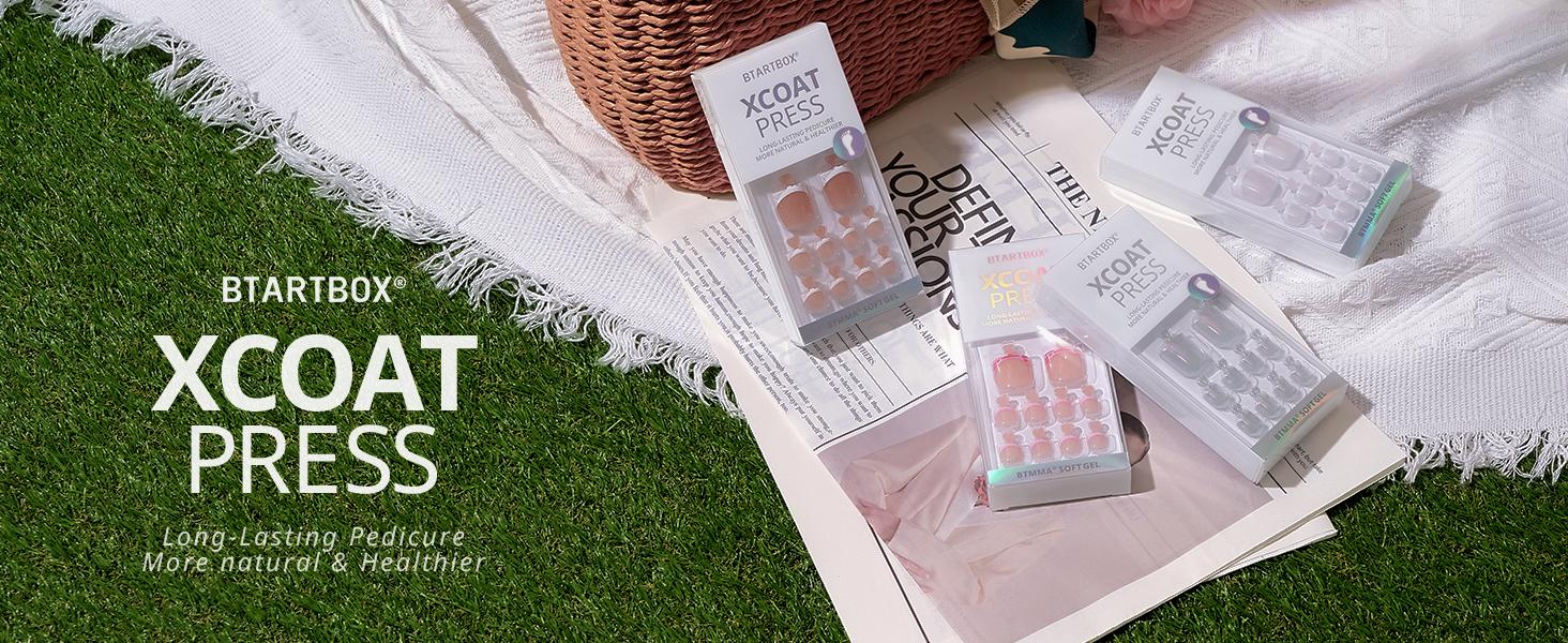 BTArtbox Press On Toenails - Real Square Toe Nail Press Ons with Glue for Women, French Tip Fake Toe Nail Tips in 15 Sizes - 30 Toenails Kit