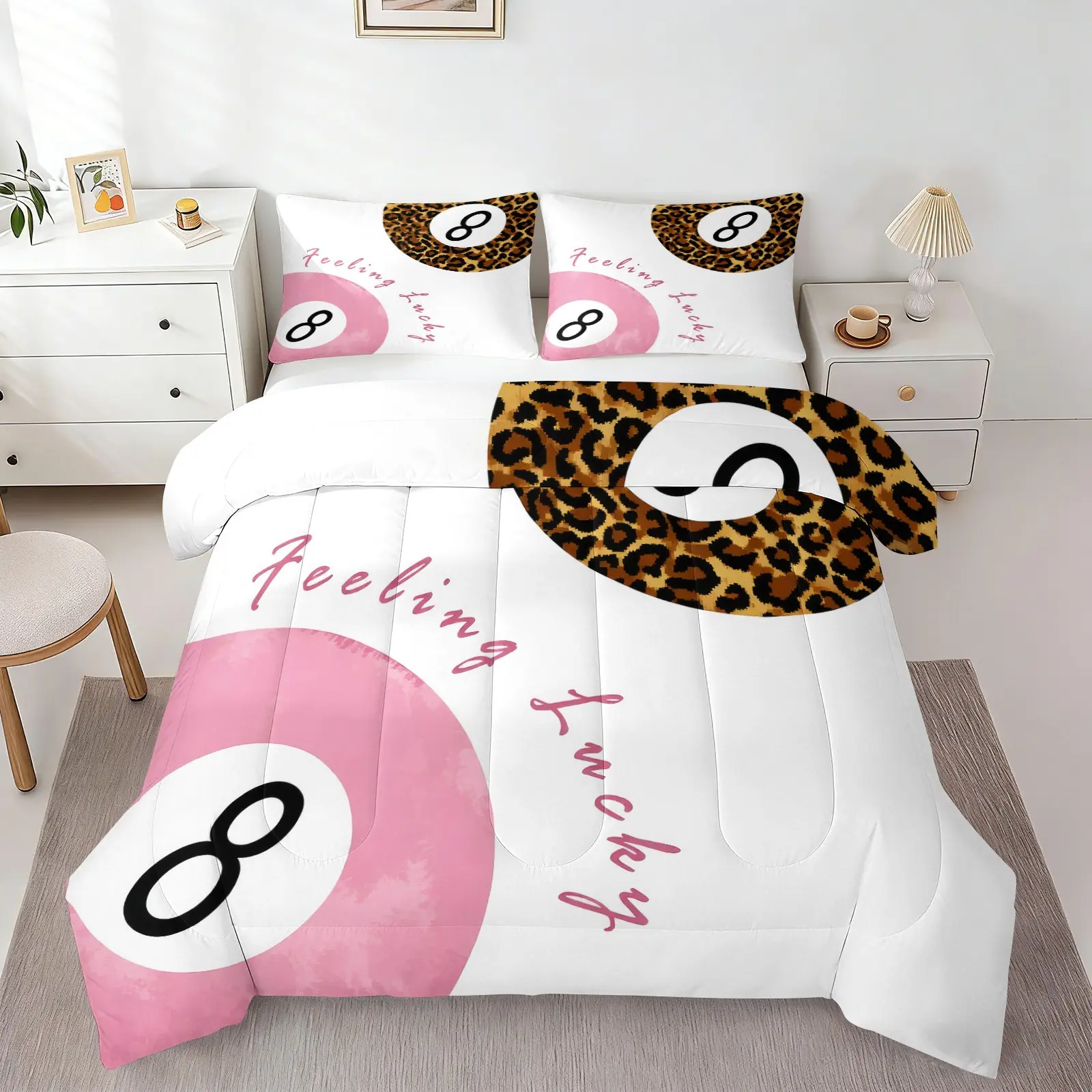 2/3Pcs Lucky 8‑Ball Leopard Print Comforter Set, Y2K Coquette Aesthetic Bedding Set, Soft Microfiber, U‑Shape Quilted All‑Season Bed Comforter Set with Pillowcases for Girls Teens Bedroom Dorm Decor, Modern Touch