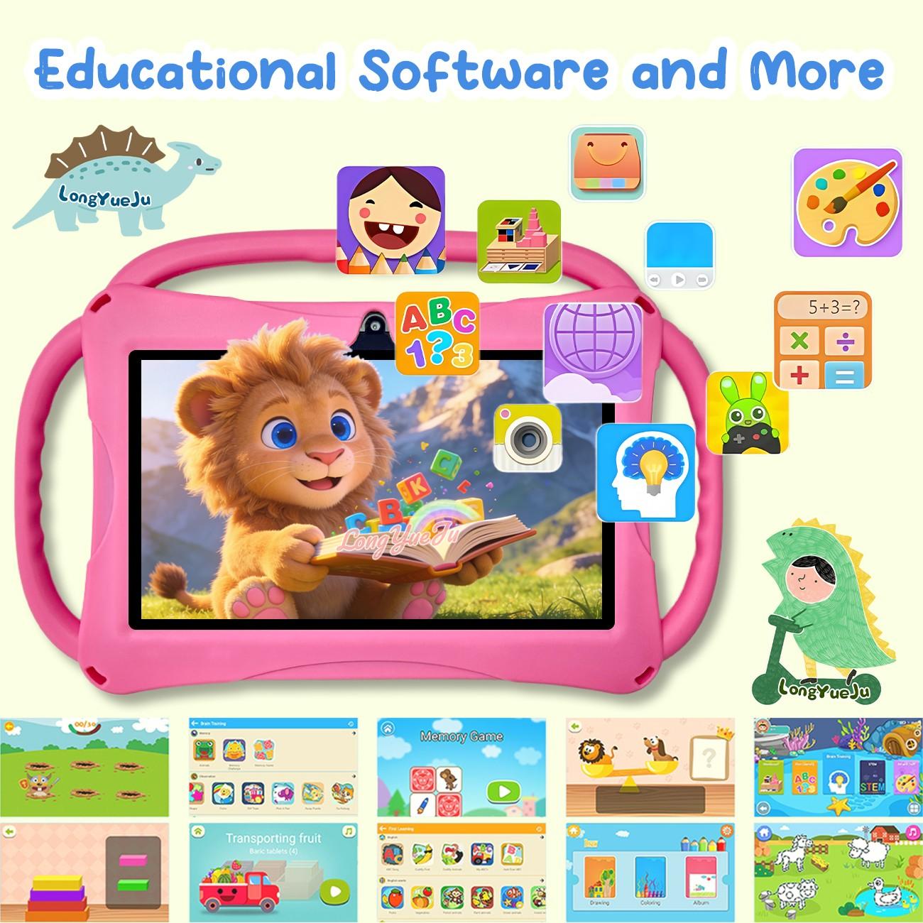 [GiftedInLove] Kids Learning Tablet 7 inch Android 12 Dual Cameras WiFi  Battery Protective Silicone Case Educational Apps Toddler Gifts Stress Relief Case Pink Blue New Year Gift
