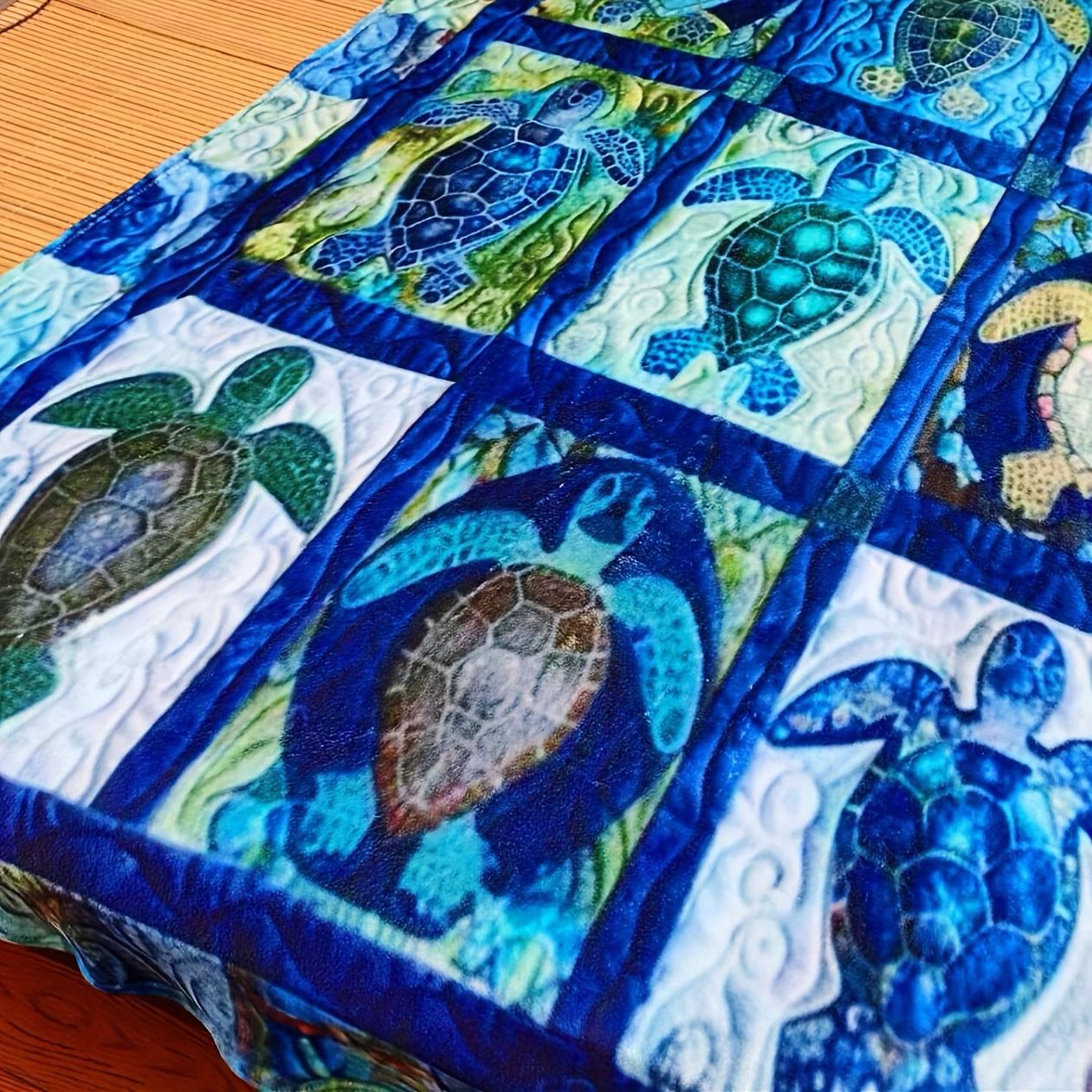 Comfortable Turtle Patchwork Flannel Blanket, Soft Warm Vibrant Design, Unique Blue Quilted Pattern, Vintage Style