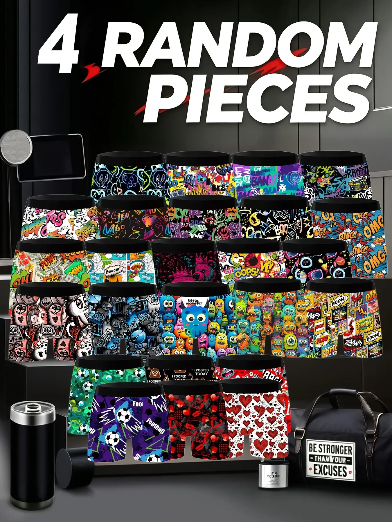 Men's Casual Fitted Underwear, Random Print, High Elasticity, Breathable, Street Style, 4 Pieces Set, All Seasons