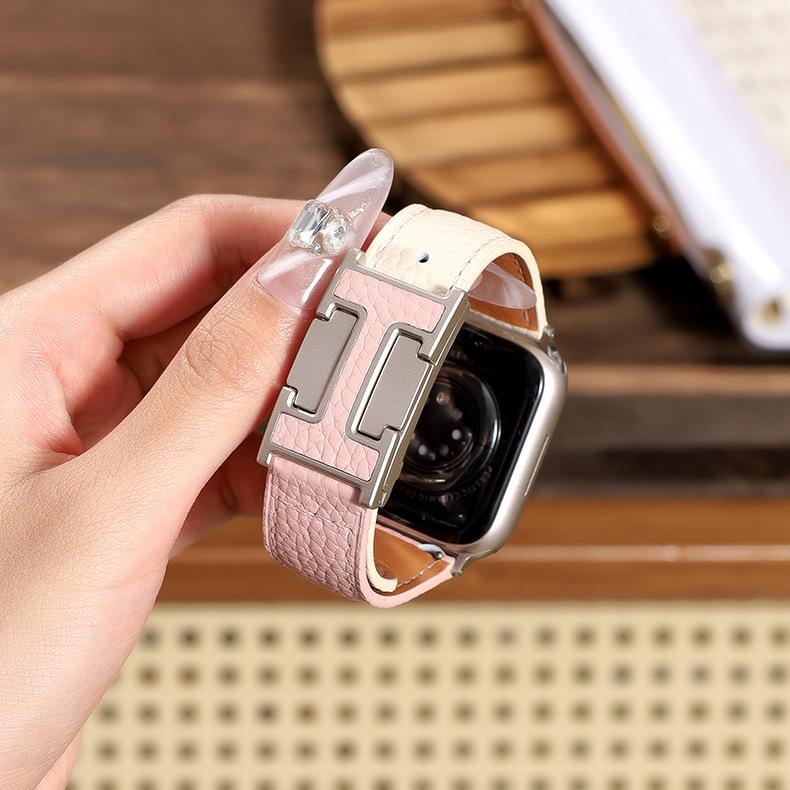 New H-Type Magnetic Buckle Lychee Pattern Leather Smart Watch Strap (38-49mm)