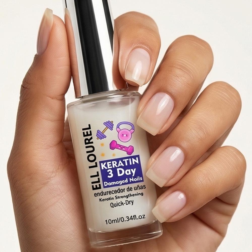 ELL LOUREL Keratin 3 Day Damaged Nails Strengthener, 10ml Quick-Dry Keratin Infused Nail Hardener & Nourishment Treatment for Weak, Brittle & Damaged Nails, Promotes 3-Day Effective Nail Strengthening, Prevents Breakage & Damage and Peeling Nails
