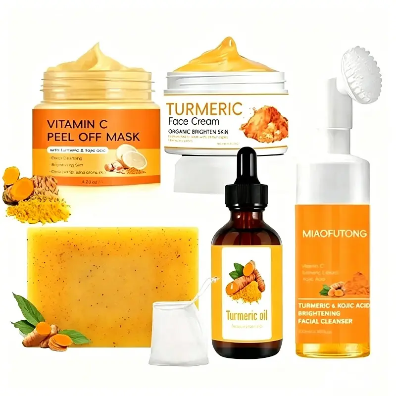 Turmeric & Kojic Acid Facial Skin Care Set, Vitamin C Peel Off Mask, Turmeric Face Cream, Facial Cleanser, Turmeric Oil and Cleansing Soap, Complete At-home Face Care Kit