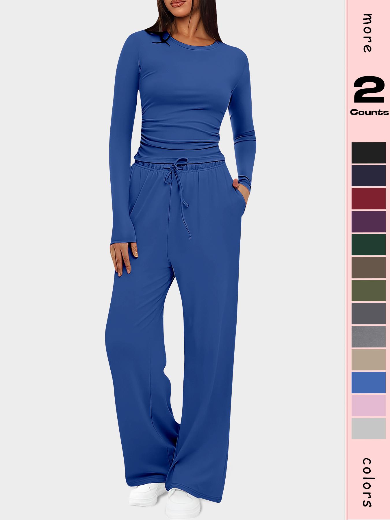 Women's 2-Piece Set Autumn and Winter Loungewear Sets, Ruched Fitted Long Sleeve Tops & High Waisted Wide Leg Pants
