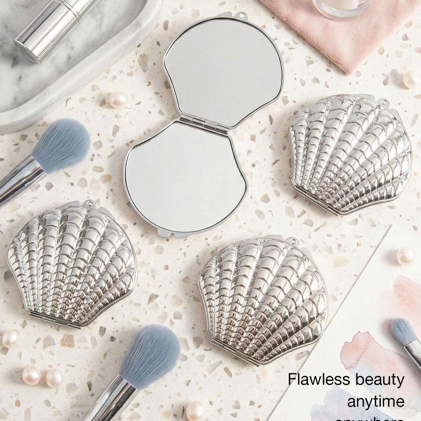 Shell Shape Dual-Sided Makeup Mirror, Silver Color Options, Portable Anti-Shock, Perfect Gift for Women, Ideal for Holidays