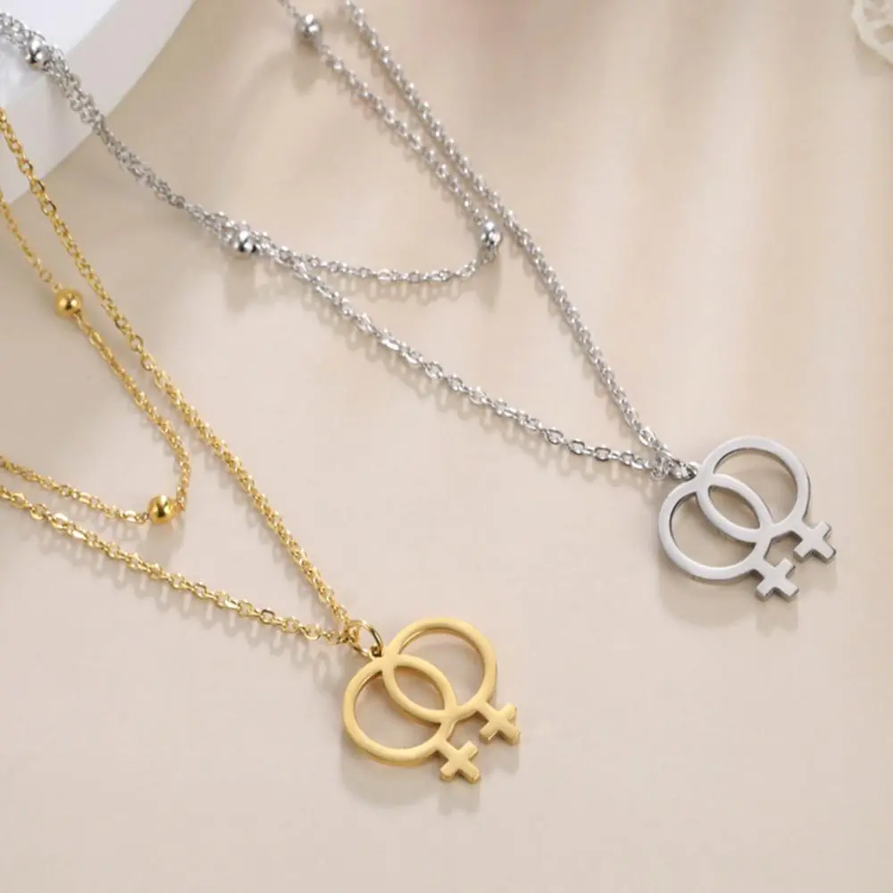 Choker Necklace for Women in Gold or Steel, Stainless Steel Double Chain with Lesbian Symbol, LGBT Pride Fashion Jewelry, Chain Jewelry Necklaces, Fashion Jewelry