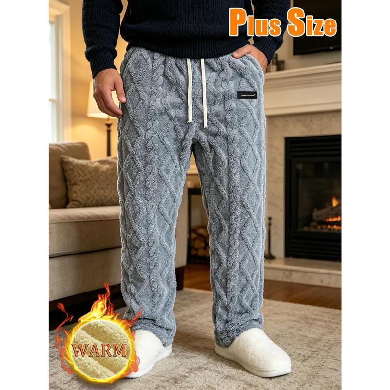 Men's Oversized Loose Fit Joggers - Male Clothing, Large Size Casual Pants, Winter Warm Plush Suede Jacquard Fabric, Waist Drawstring, Cold-Resistant, Slogan Print, Suitable for Home Wear