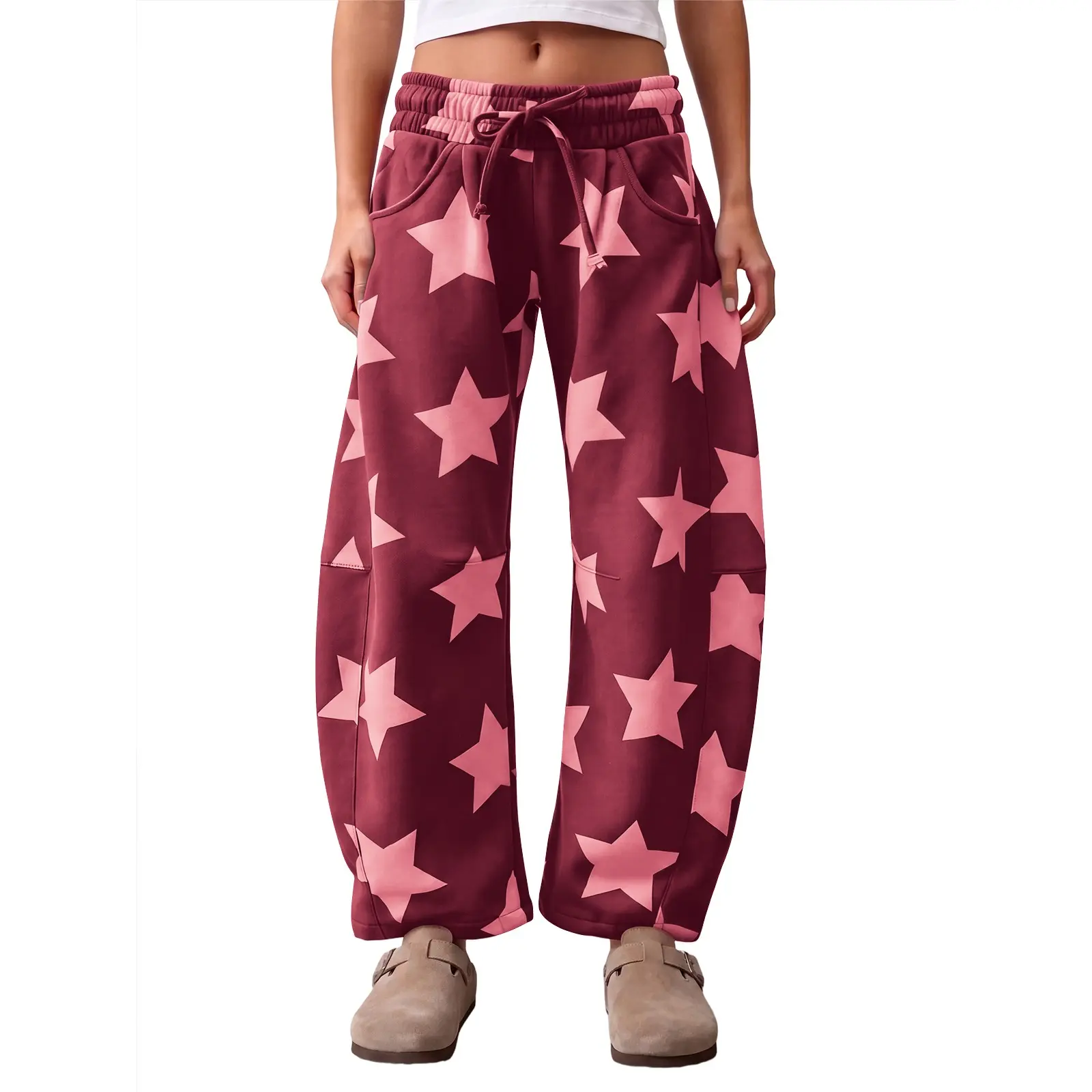 Aoysky Women Star Print Sweatpants, Elastic High Waist Drawstring Baggy Streetwear Pants, Casual Side Pockets Loose Fit Ankle Cuff Lounge Trousers,clothes for back to school,first day of school outfits