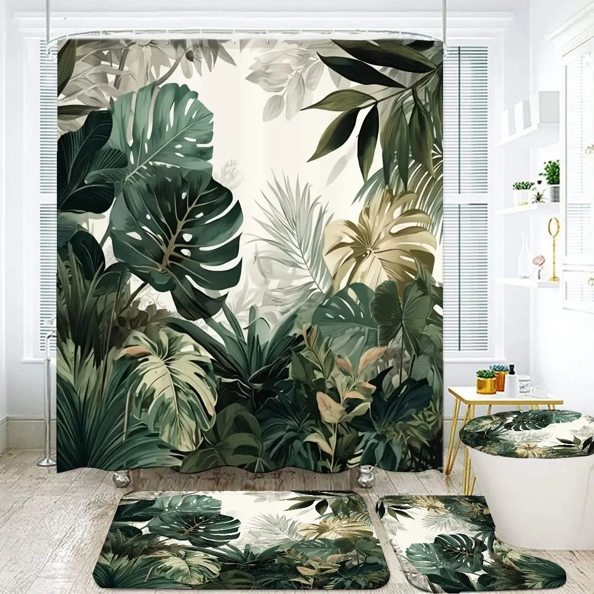 4-Piece Tropical Leaf Bathroom Set, Plant Style Shower Curtain, Matching Bath Mat & Toilet Seat Cover, Thick Soft Material, Fresh Home Decor