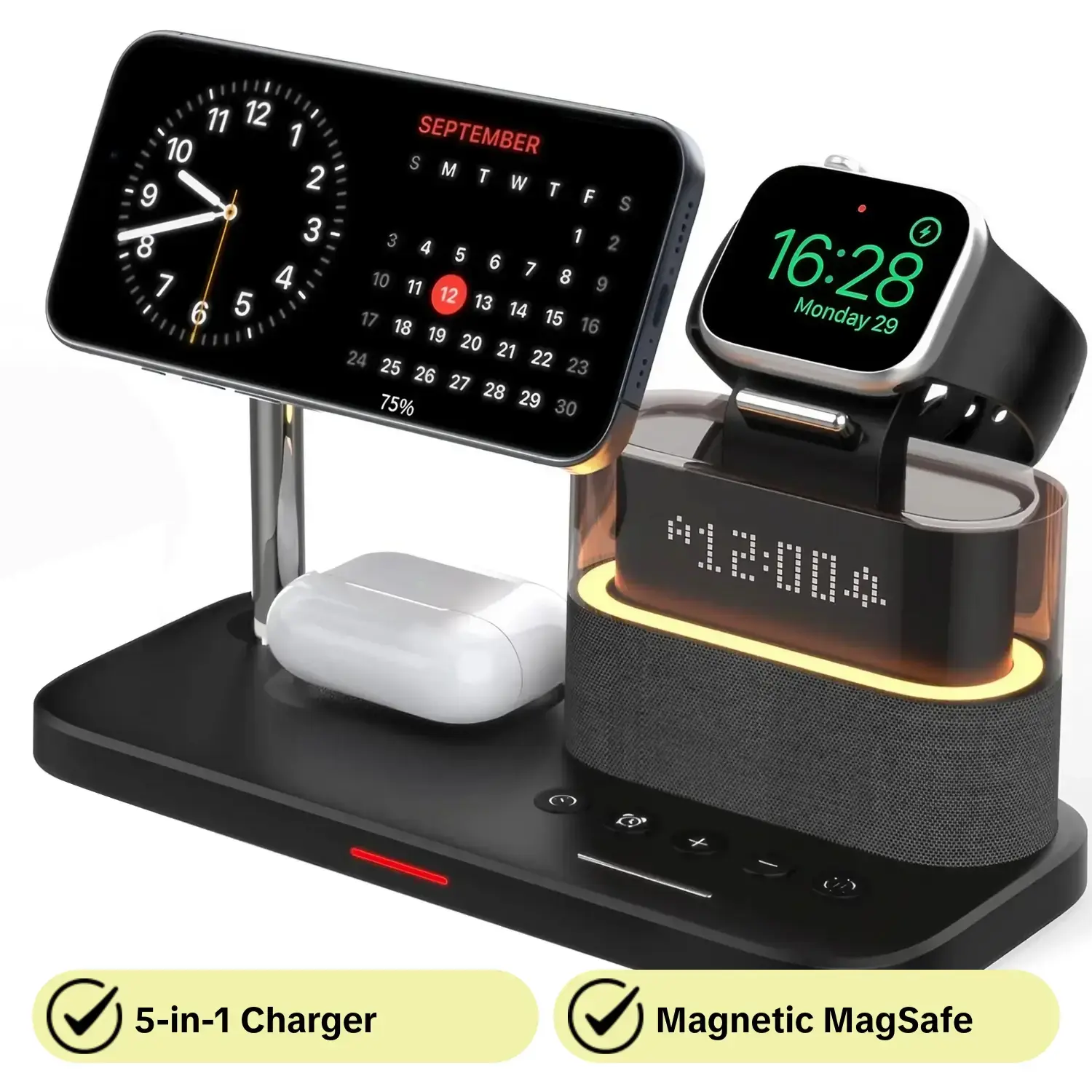 5-in-1 Wireless Charger with Clock, Magnetic MagSafe Charging Stand for iPhone, Apple Watch, AirPods and Other Smartphones, Black Charging Station and Dock, Smartwatch Accessories with Magnetic Charging Design, Electronic Gadgets #GLOBAL PICKS